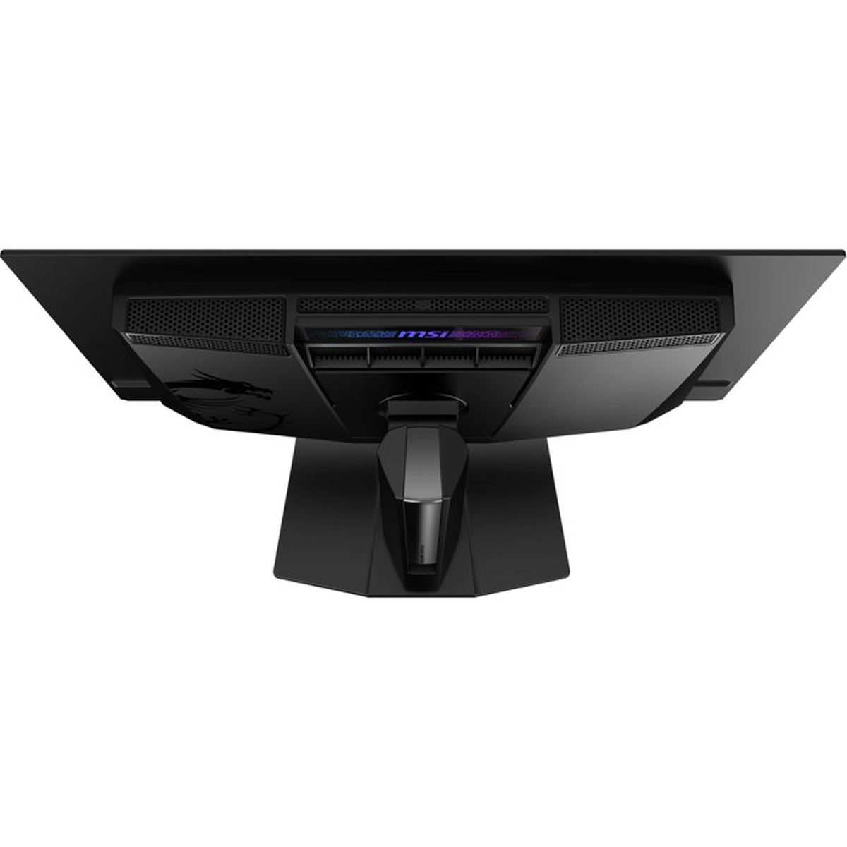 Spód czarnego monitora MSI z podświetlanym logo i otworami wentylacyjnymi.