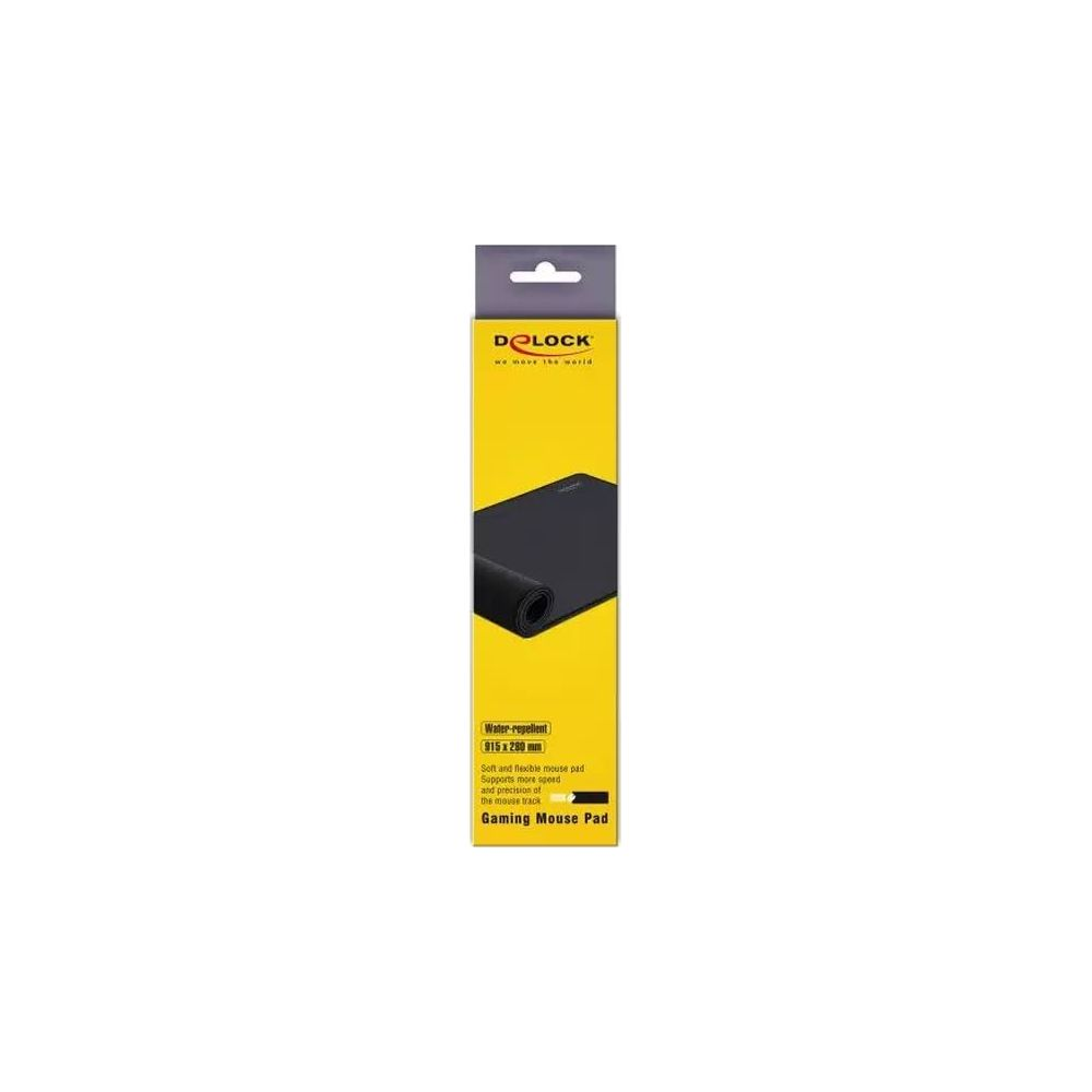 Schwarzes Gaming-Mauspad in gelber Verpackung, wasserabweisend und 915x280mm.