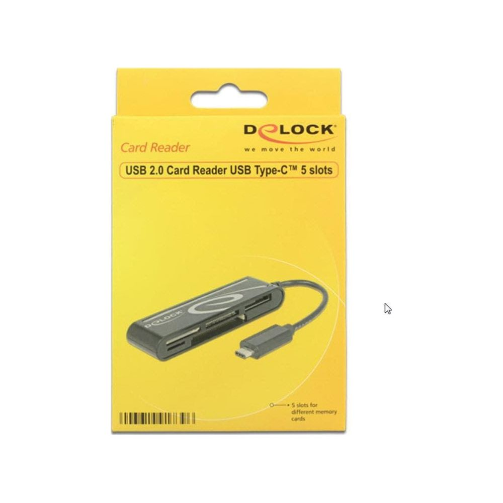 Una scatola gialla mostra un lettore di schede USB nero con 5 slot.