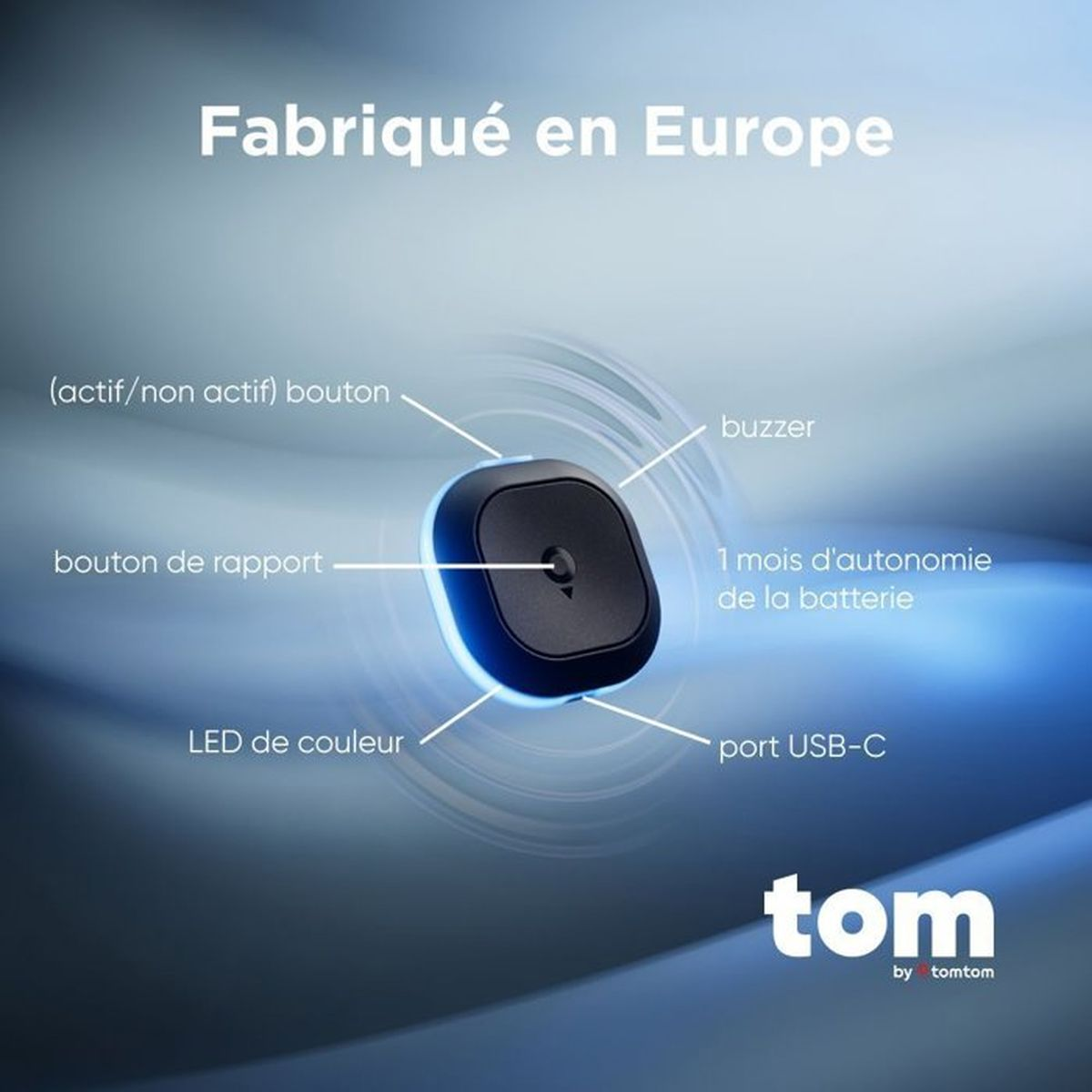 Un rastreador TomTom negro con etiquetas, fabricado en Europa.