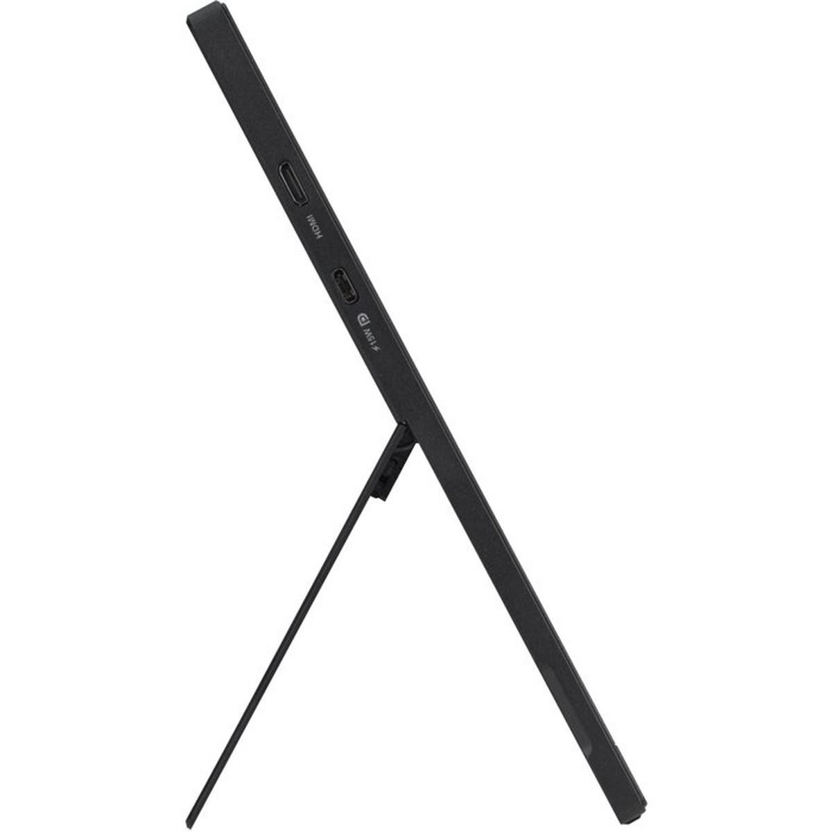 Czarny tablet z wbudowanym stojakiem, widoczne porty HDMI i USB-C.