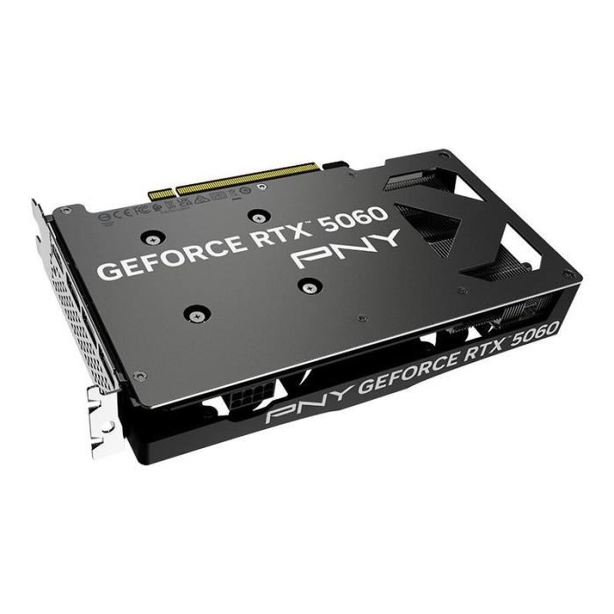 Eine schwarze PNY GeForce RTX 5060 Grafikkarte mit Lüftern.
