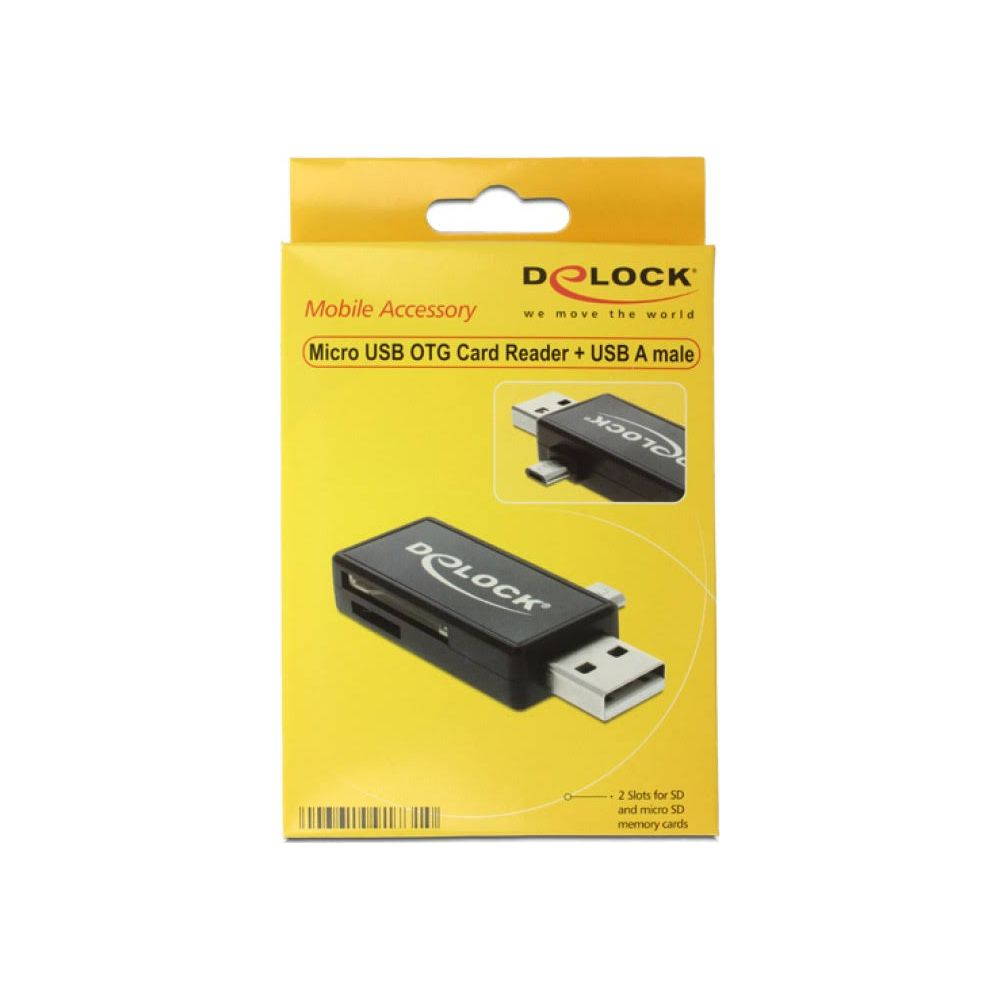 Verpackung eines schwarzen DeLOCK OTG Kartenlesers mit USB-A-Anschluss.