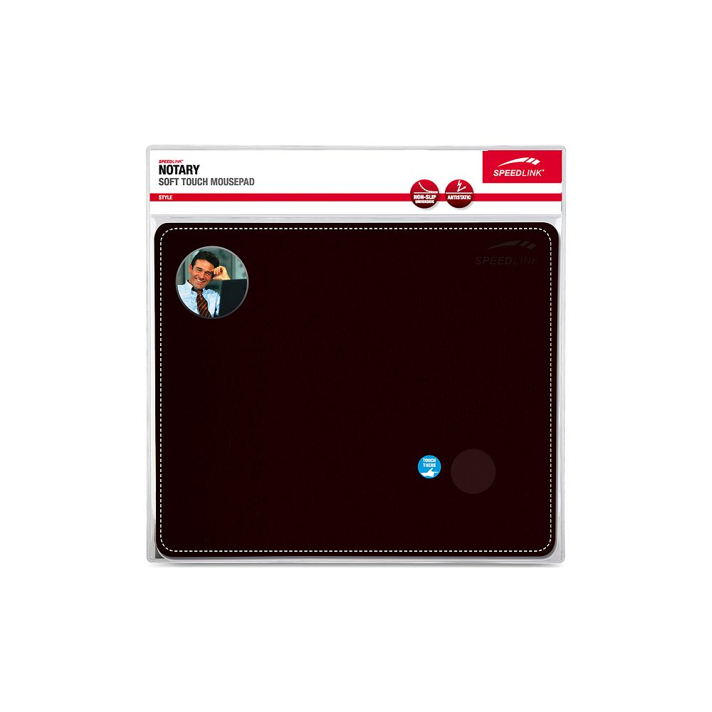 Schwarzes Speedlink Notary Mauspad mit Bild eines Mannes im Anzug oben links.