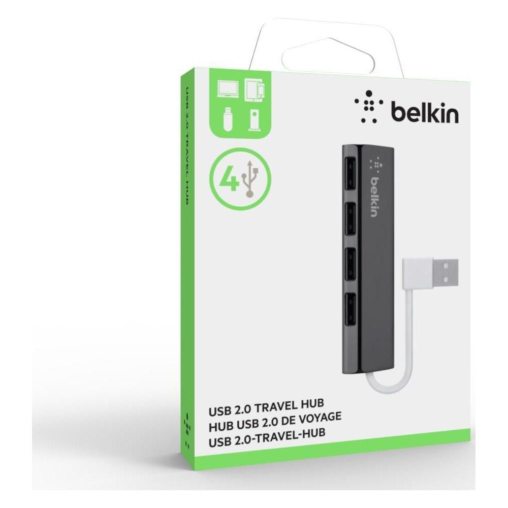 Belkin USB 2.0 Travel Hub mit 4 Anschlüssen in dunklem Grau.