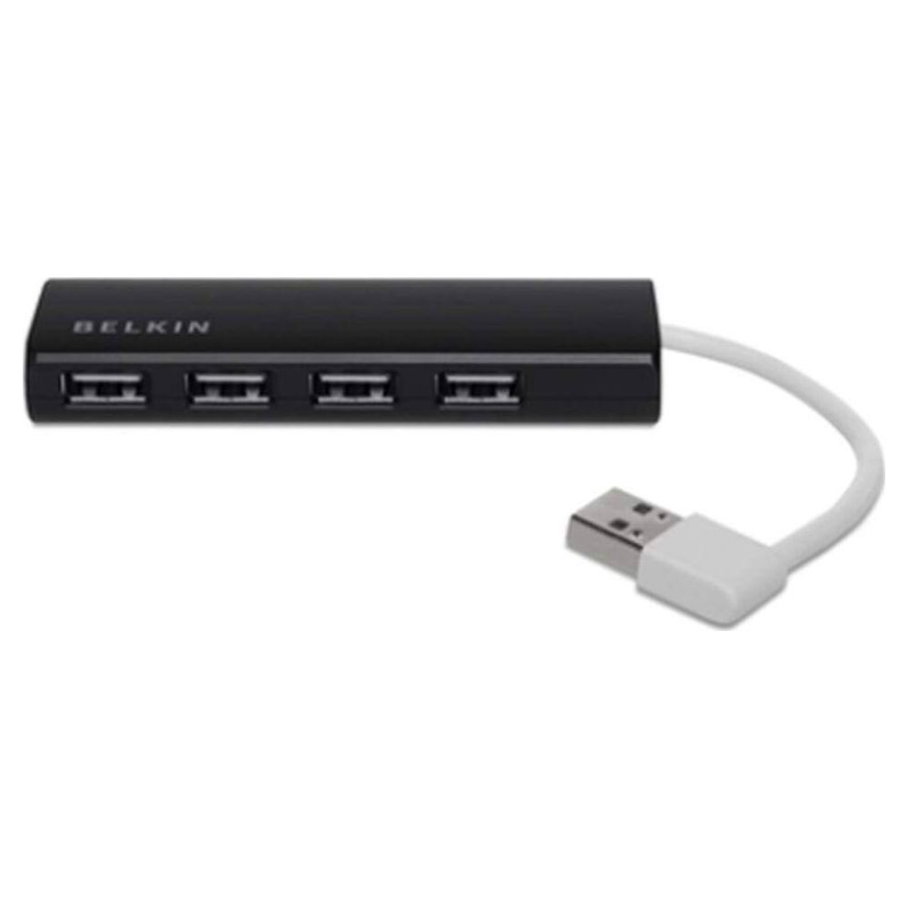 Schwarzer USB-Hub mit vier Anschlussen und einem weissen USB-Kabel.
