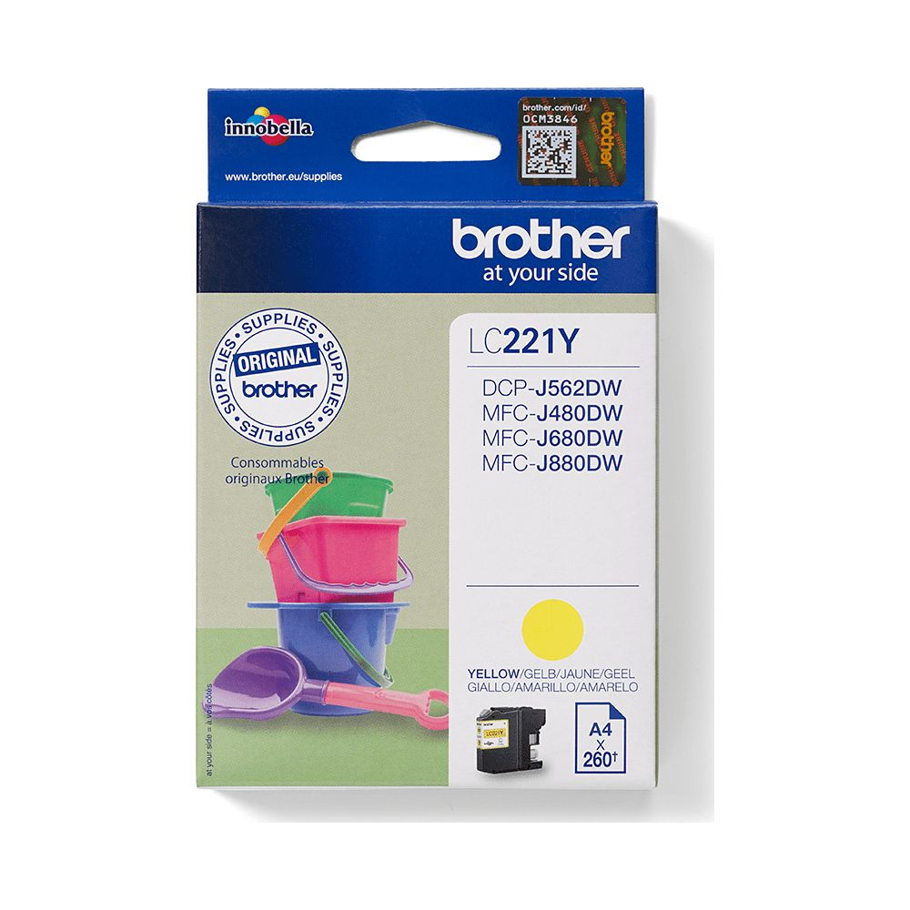 Box for yellow Brother LC221Y ink cartridge with toys depicted.