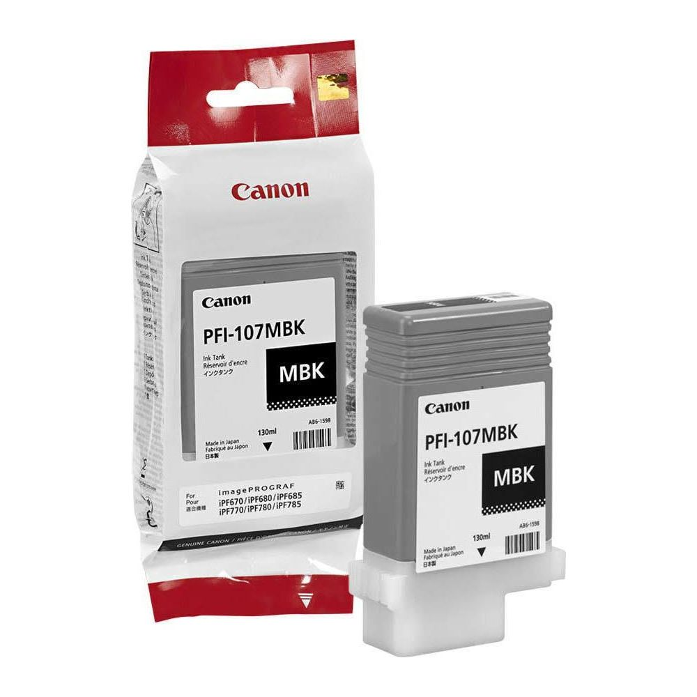 Inchiostro Canon PFI-107MBK in confezione e da solo. Made in Japan.