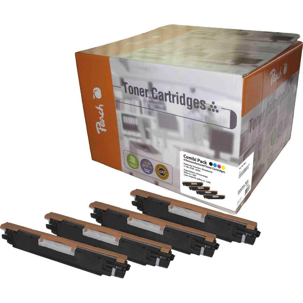 Pudełko wkładów laserowych Peach z czterema pojedynczymi wkładami z przodu.