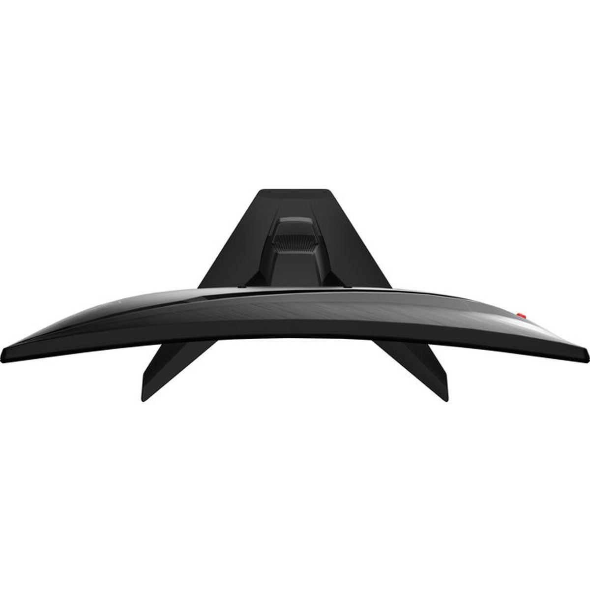 Czarny zakrzywiony stojak monitora z odblaskową powierzchnią i czerwonym akcentem.