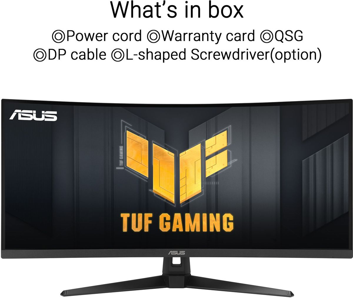 Ein gebogener ASUS Gaming-Monitor mit TUF GAMING-Logo. Enthält Zubehör.