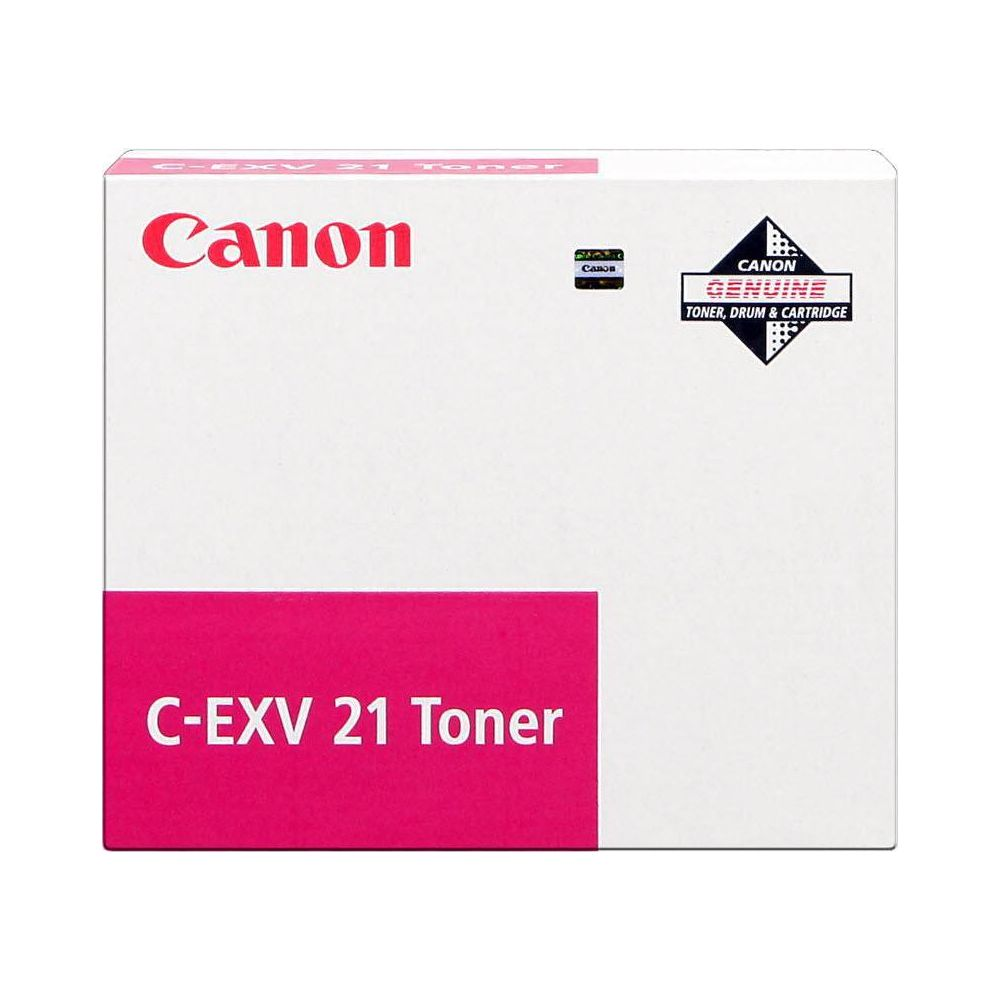 White Canon toner box with red Canon logo and pink stripe. C-EXV 21 Toner.