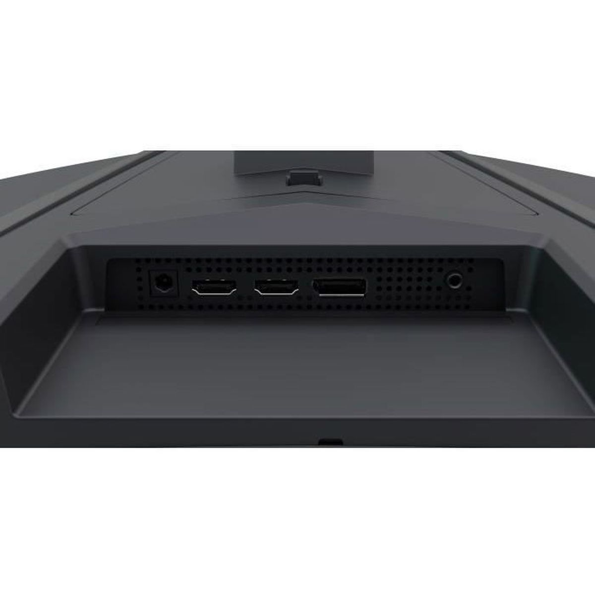 Achterkant van een zwarte monitor met poorten: stroom, 2x HDMI, USB.