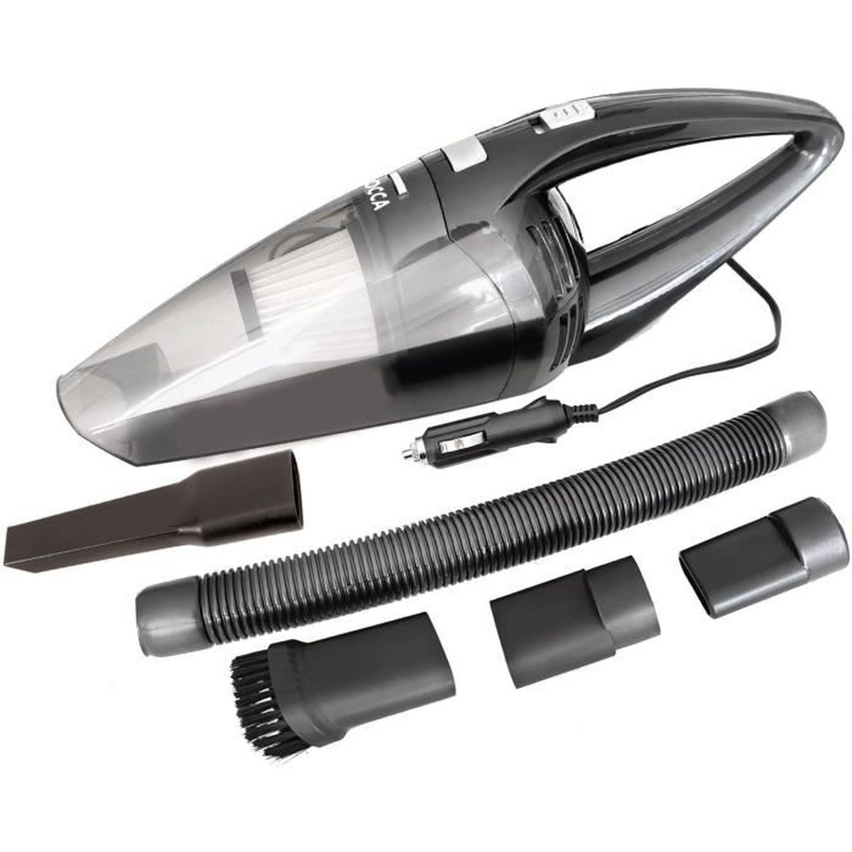 Aspiradora negra de mano con accesorios: manguera, cepillo, boquillas, adaptador 12V.