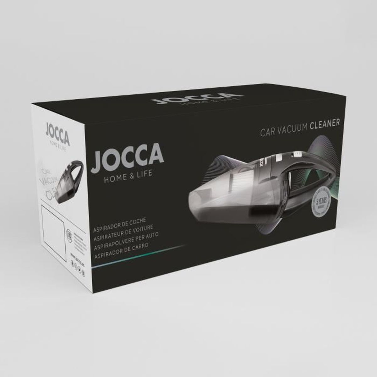 Caja negra de aspiradora de coche JOCCA con imagen del producto y texto en varios idiomas.