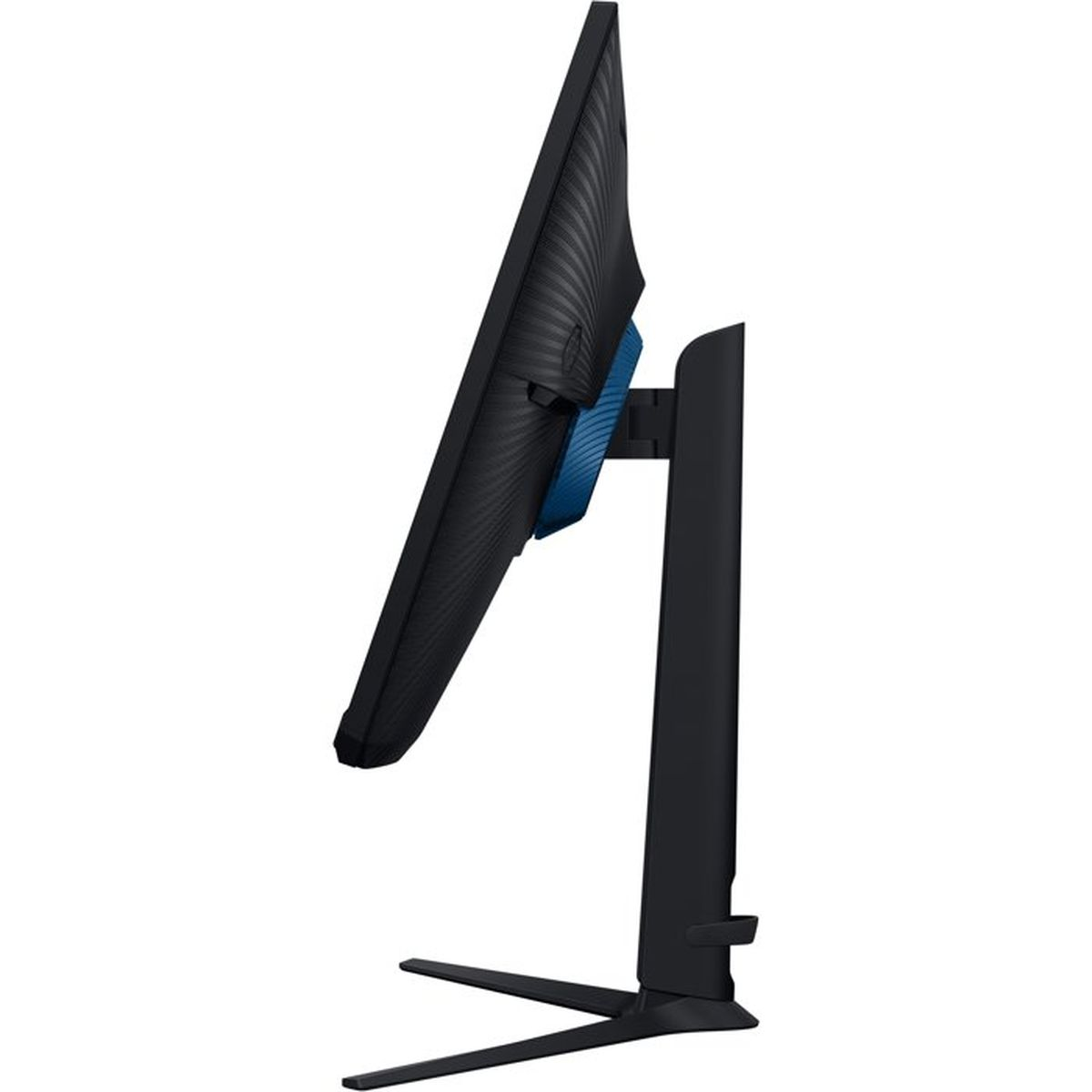 Czarny monitor komputerowy z niebieskim akcentem na stojaku w kształcie litery V.