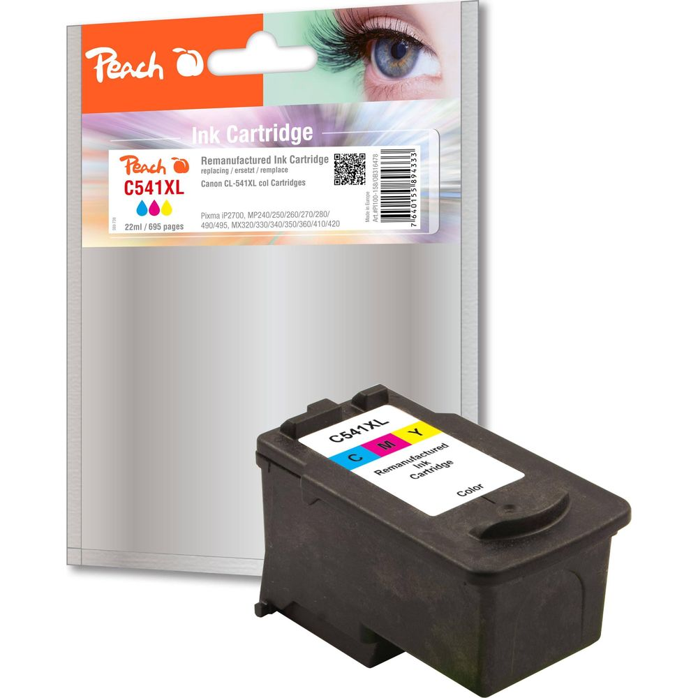Cartuccia d'inchiostro a colori rigenerata Peach C541XL, con confezione e cartuccia.