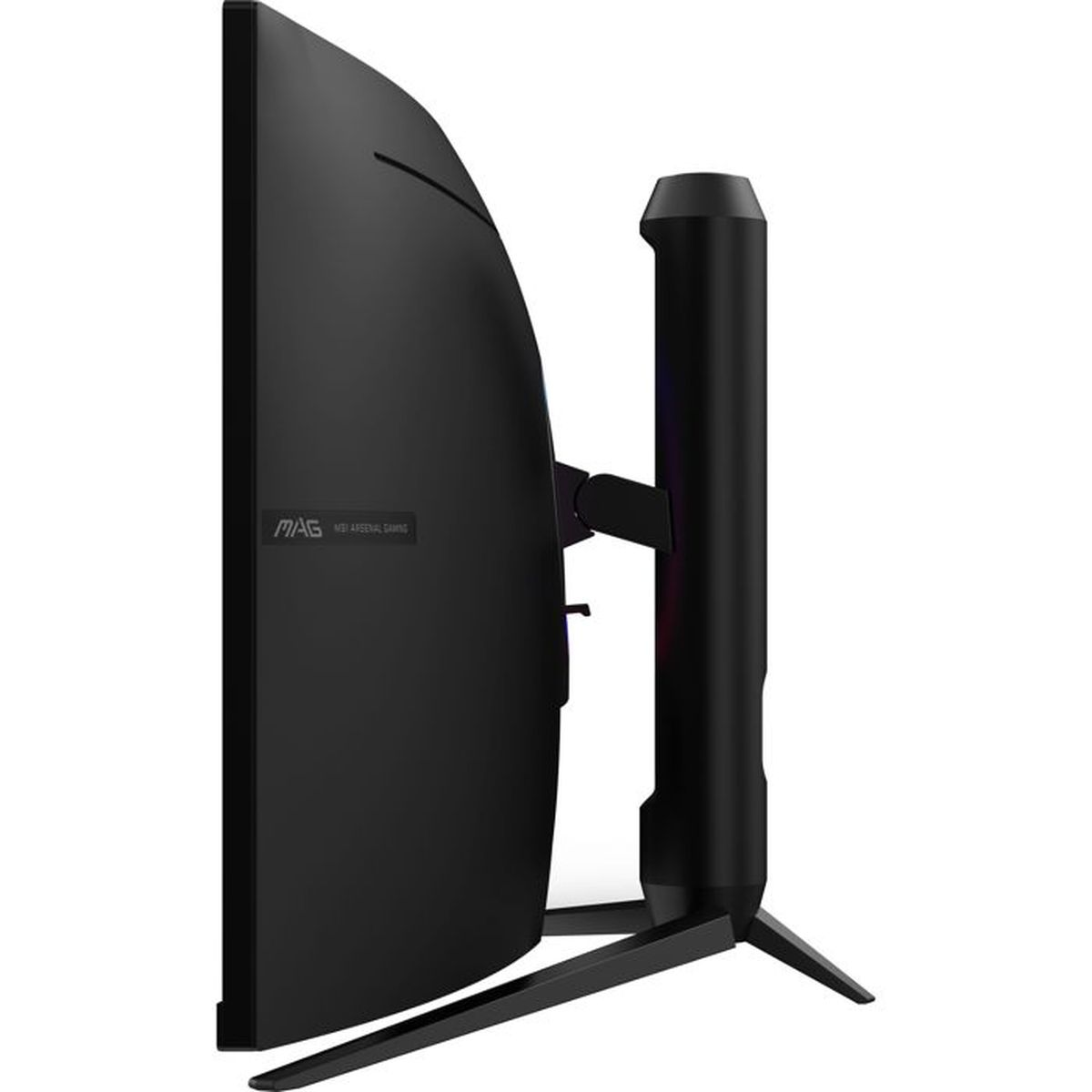 Czarny zakrzywiony monitor komputerowy ze srebrnym logo z tyłu, na trójnożnej podstawie.