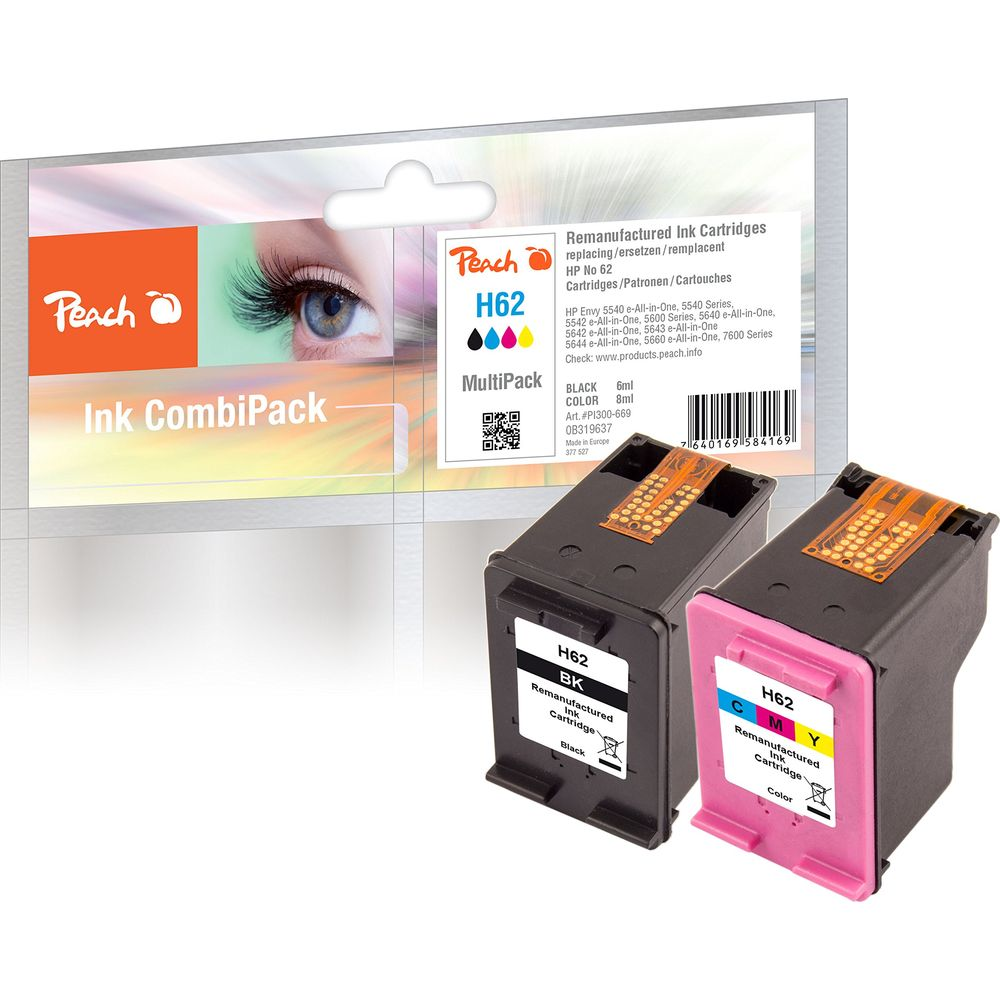 Due cartucce d'inchiostro Peach H62, una nera e una colorata, davanti a una confezione.