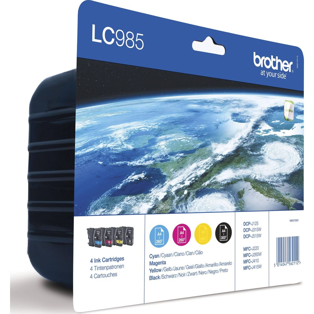 Tusze Brother LC985 z motywem Ziemi i wskaźnikami kolorów.