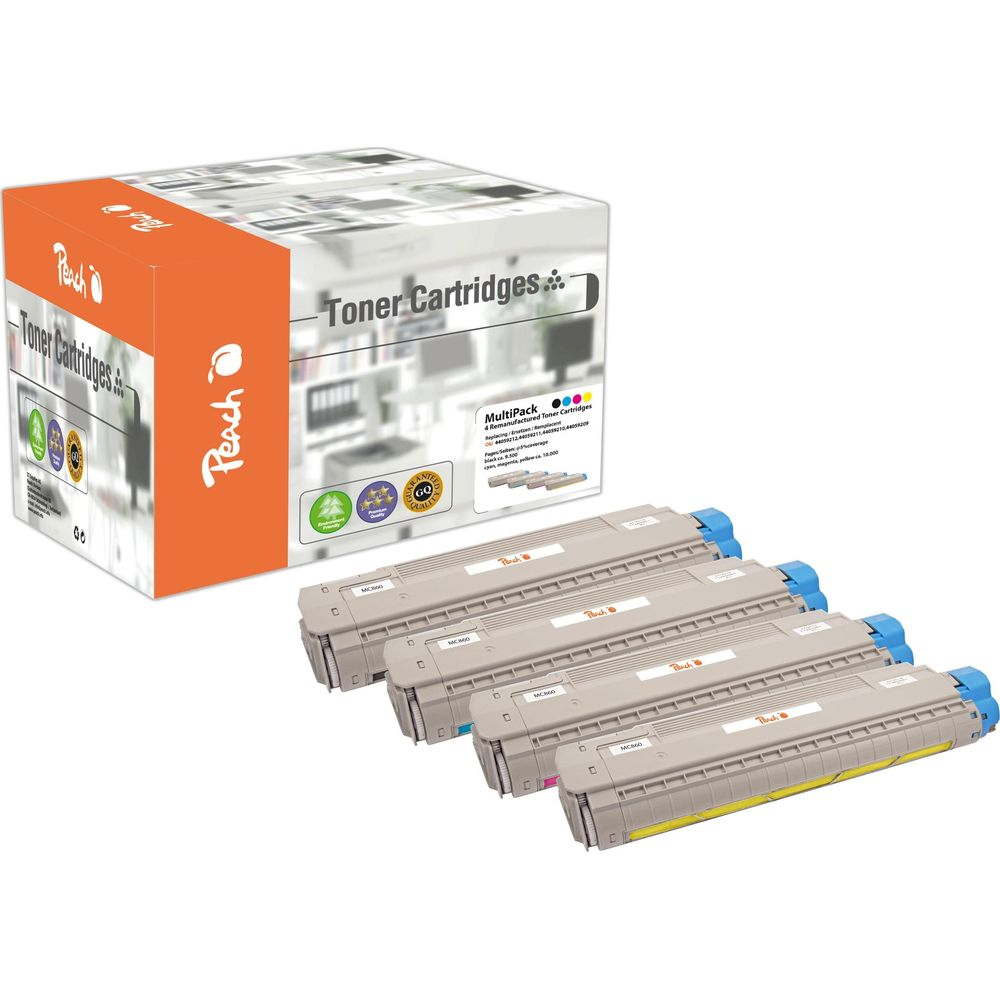 Peach Toner-Multipack: Eine Box und vier Patronen in Grau mit blauen Endkappen.