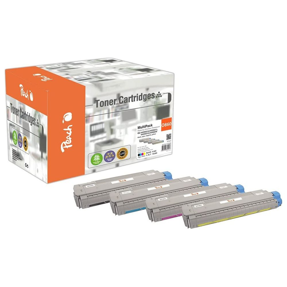 Peach-Tonerpatronen-Multipack mit vier Patronen in Grau, Blau, Magenta und Gelb.