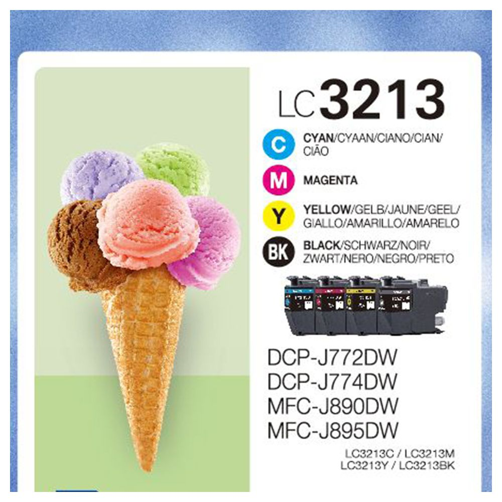 Wafel z lodami, pięć gałek lodów w różnych kolorach obok wkładów do drukarki.