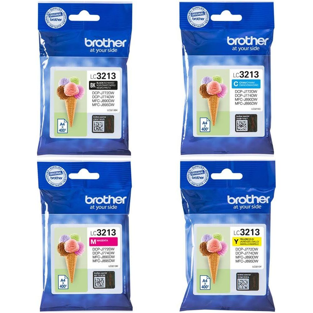 Cztery wkłady atramentowe Brother LC3213 z motywem lodów: Czarny, Cyjan, Magenta, Żółty.