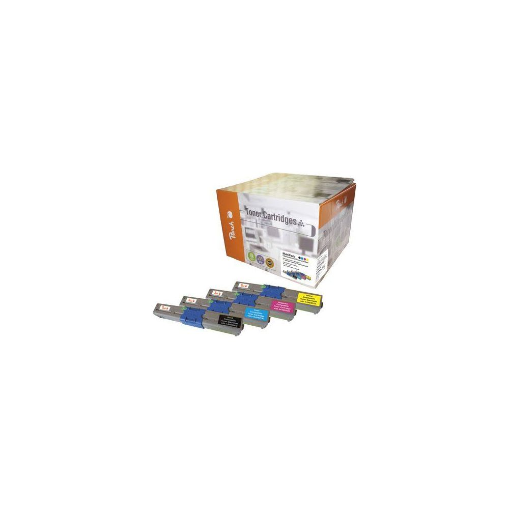 Vier Tonerpatronen in Grau, Blau, Pink und Gelb vor einer Box mit der Aufschrift „Toner Cartridges“.