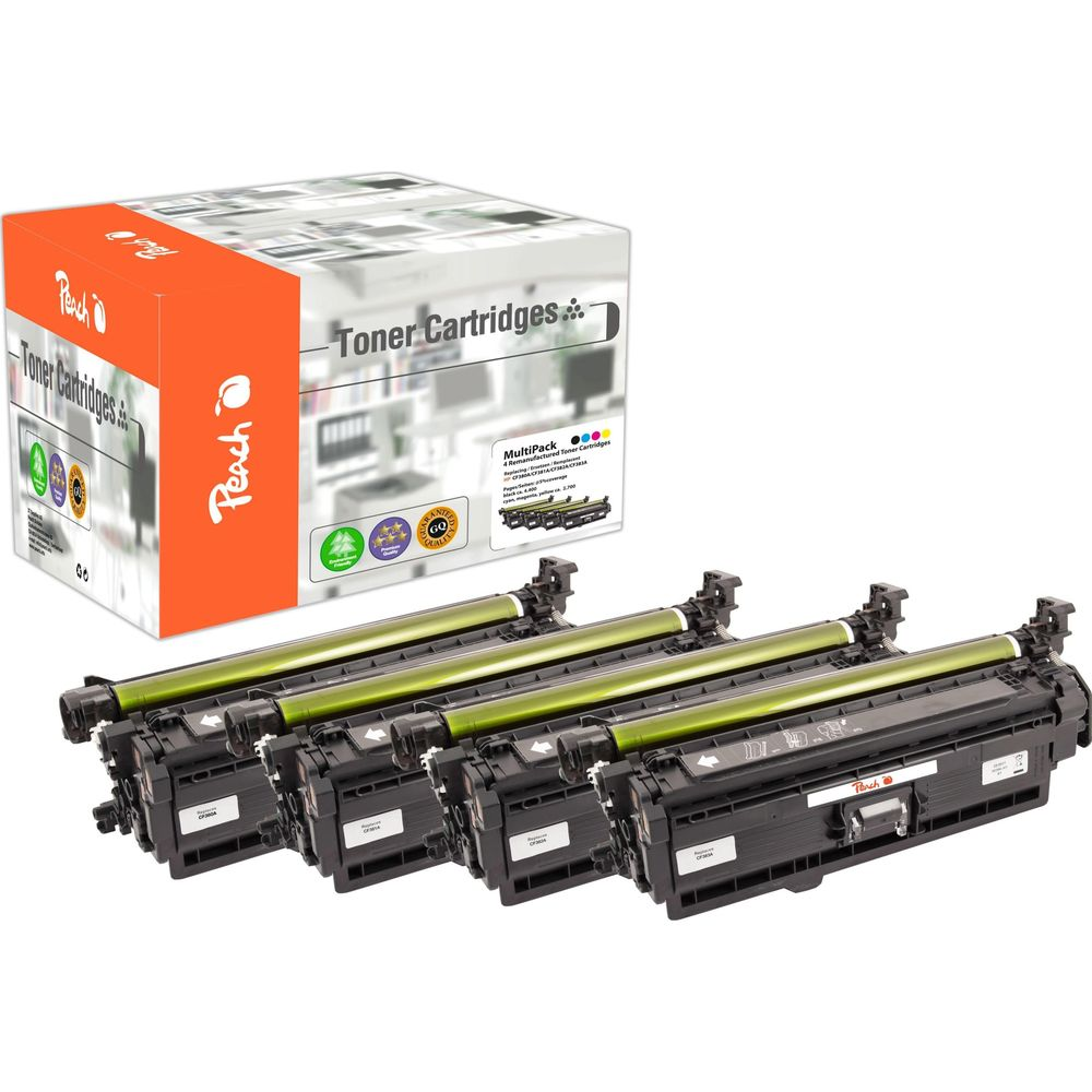 Cztery czarne wkłady z tonerem i zielonymi wałkami przed pudełkiem wkładów z tonerem Peach.