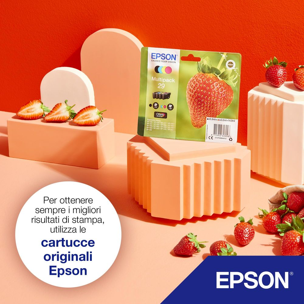 Cartucce d'inchiostro Epson 29 multipack con fragole e forme geometriche arancioni.