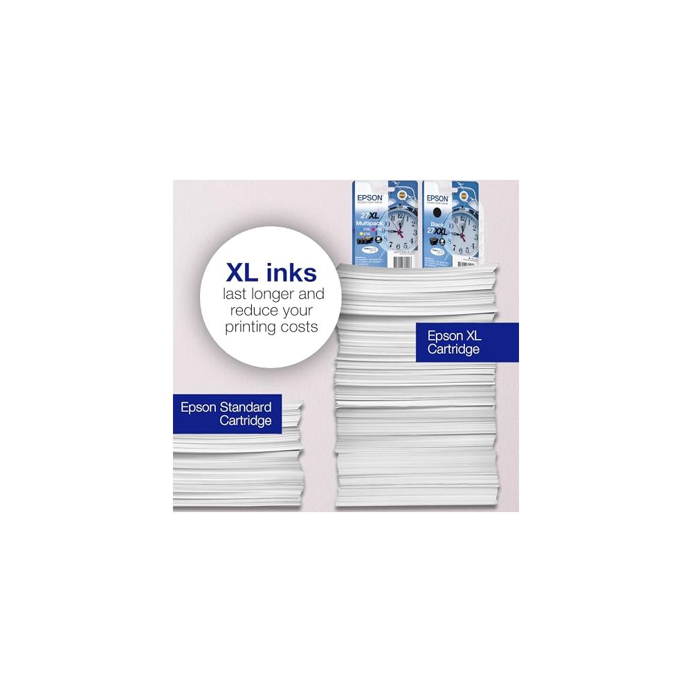 Tusze Epson XL pokazane ze stosami papieru, kontrastujące standardowe vs XL wkłady.