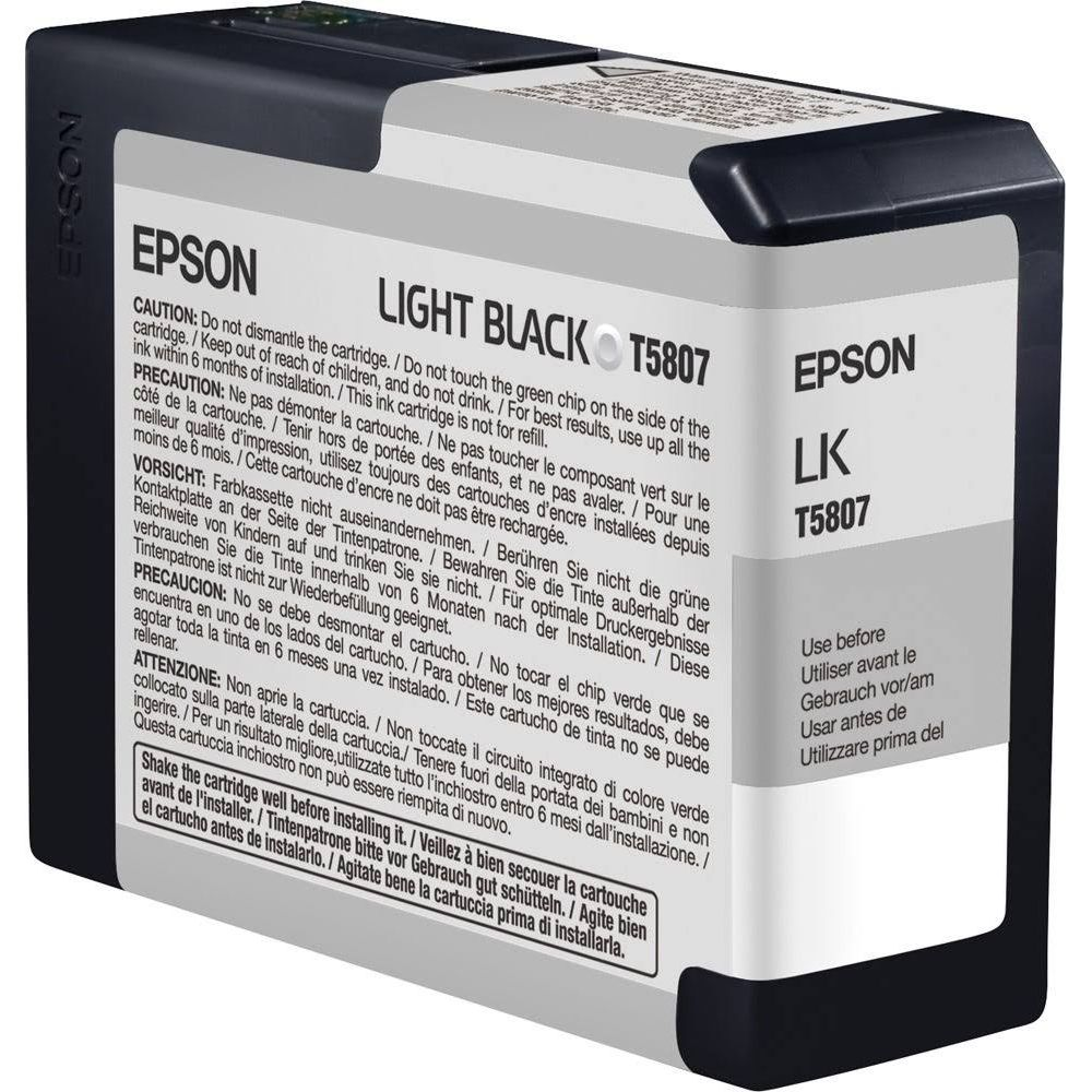 Epson Light Black T5807 Tintenpatrone mit Warnhinweisen und Gebrauchsanweisungen.