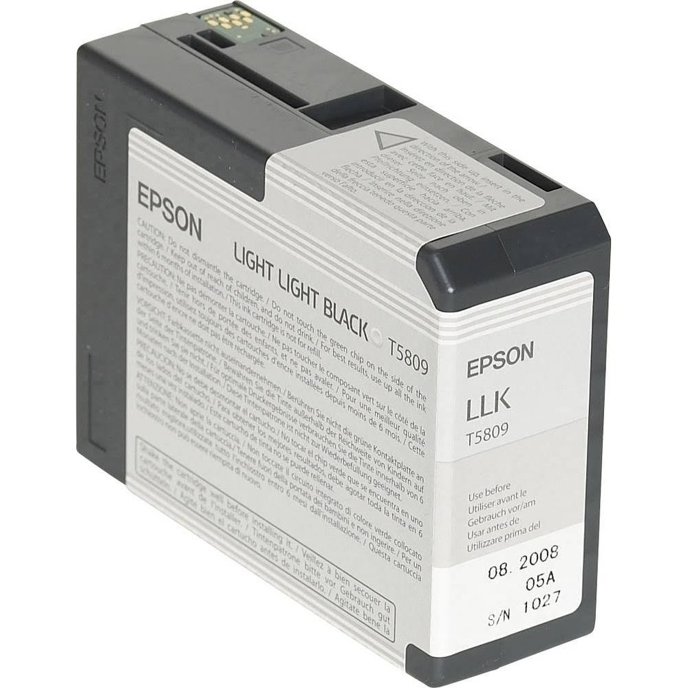 Schwarze Epson T5809 Tintenpatrone für Drucker, mit Hinweisen und Seriennummer.