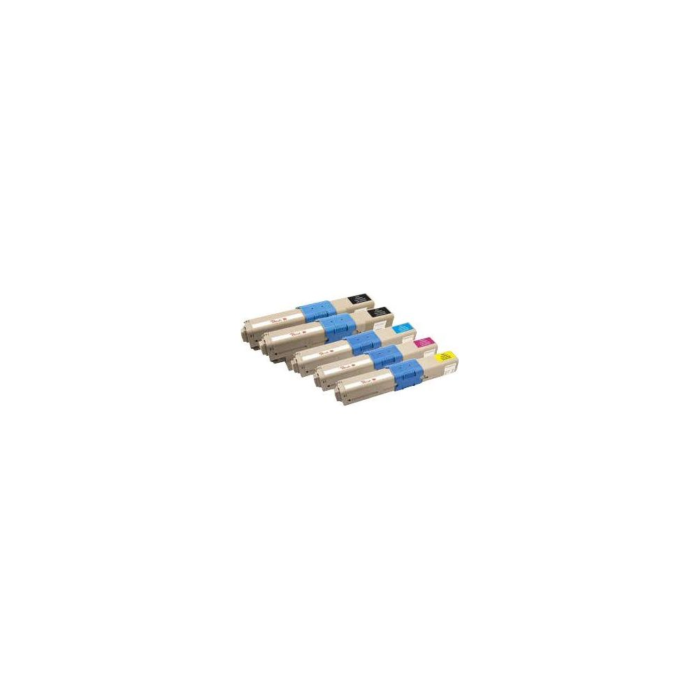 Cinque cartucce toner una accanto all'altra, con custodie blu e grigie.
