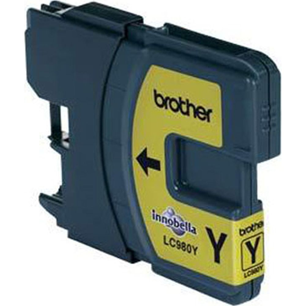 Dark blue ink cartridge with yellow label and arrow indicating flow.