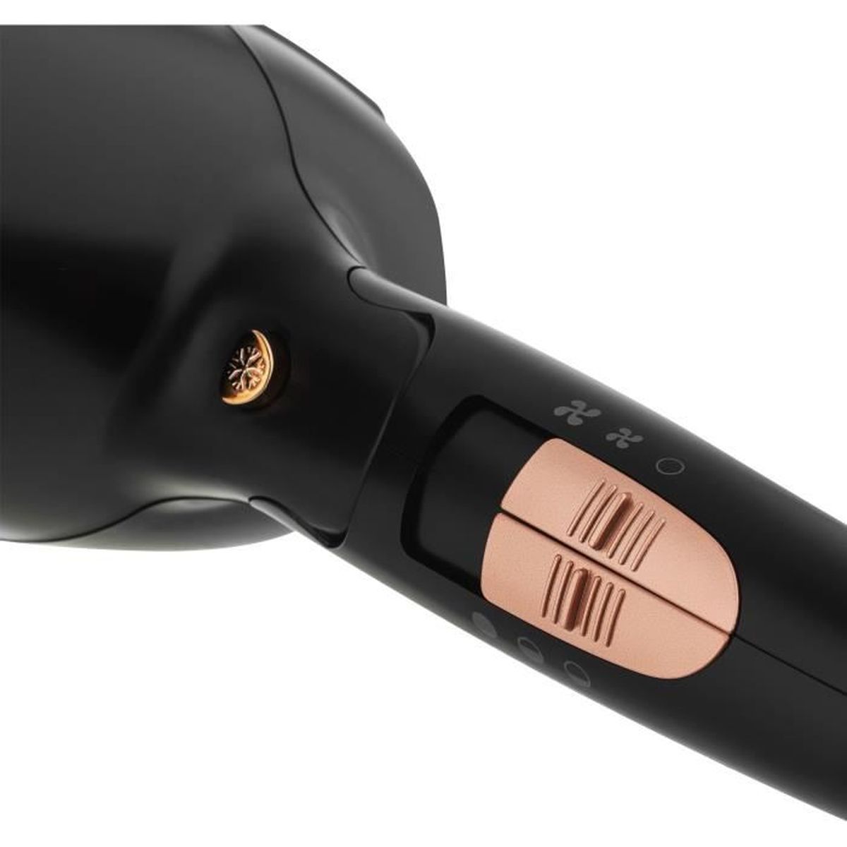 Close-up of a black hairdryer with rose gold controls and symbols.