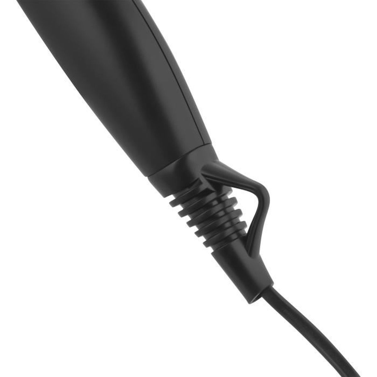 Close-up of a black hair dryer handle with cord and strain relief.
