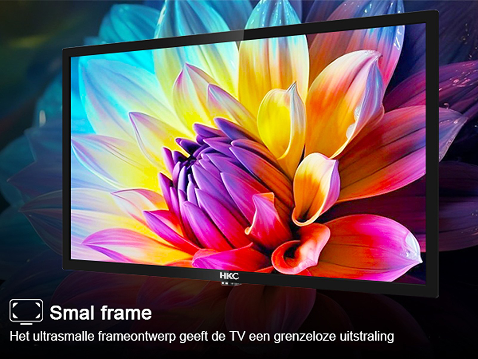 A modern TV displays a colorful flower pattern with a slim bezel.