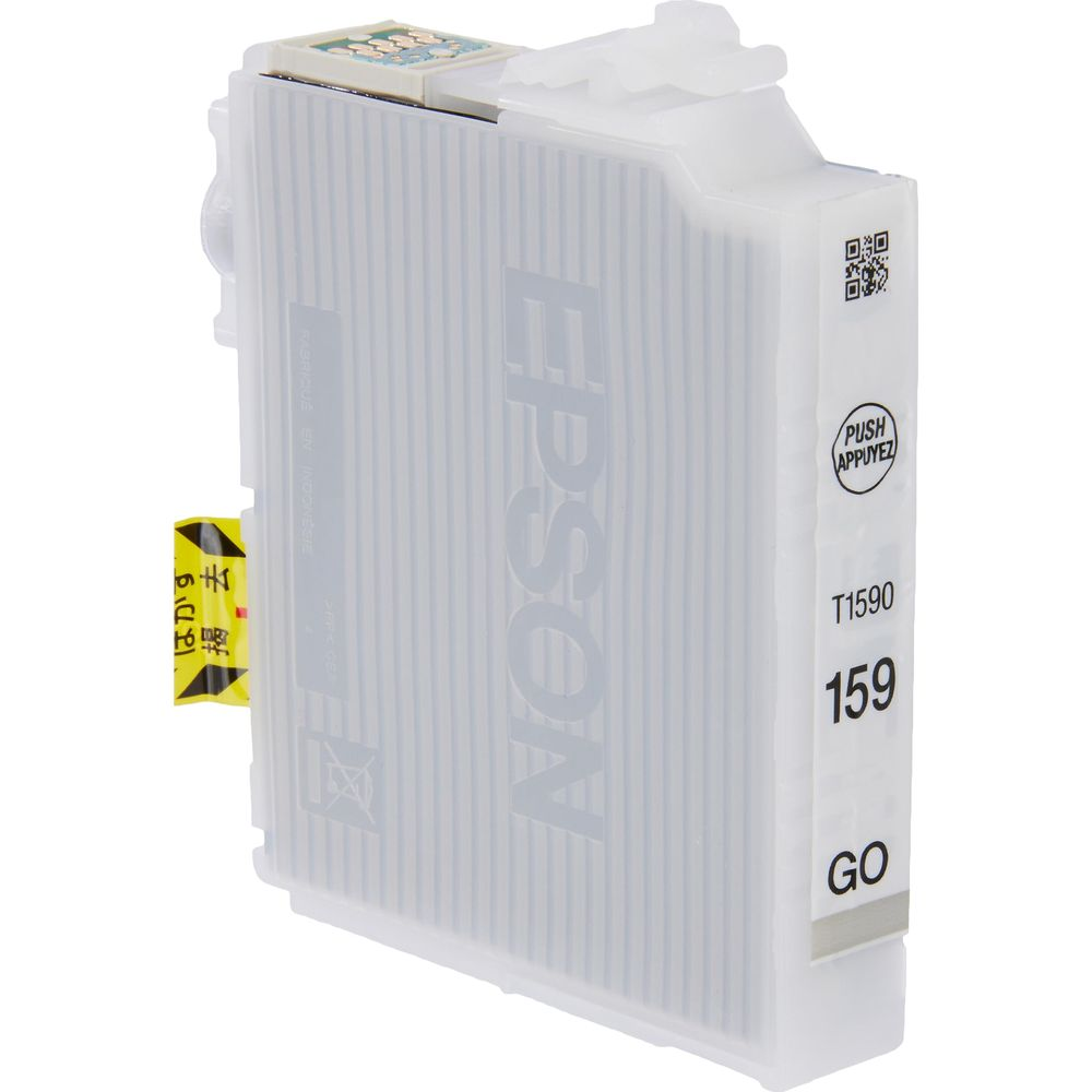 Una cartuccia d'inchiostro Epson T1590 159 bianca con avviso giapponese.