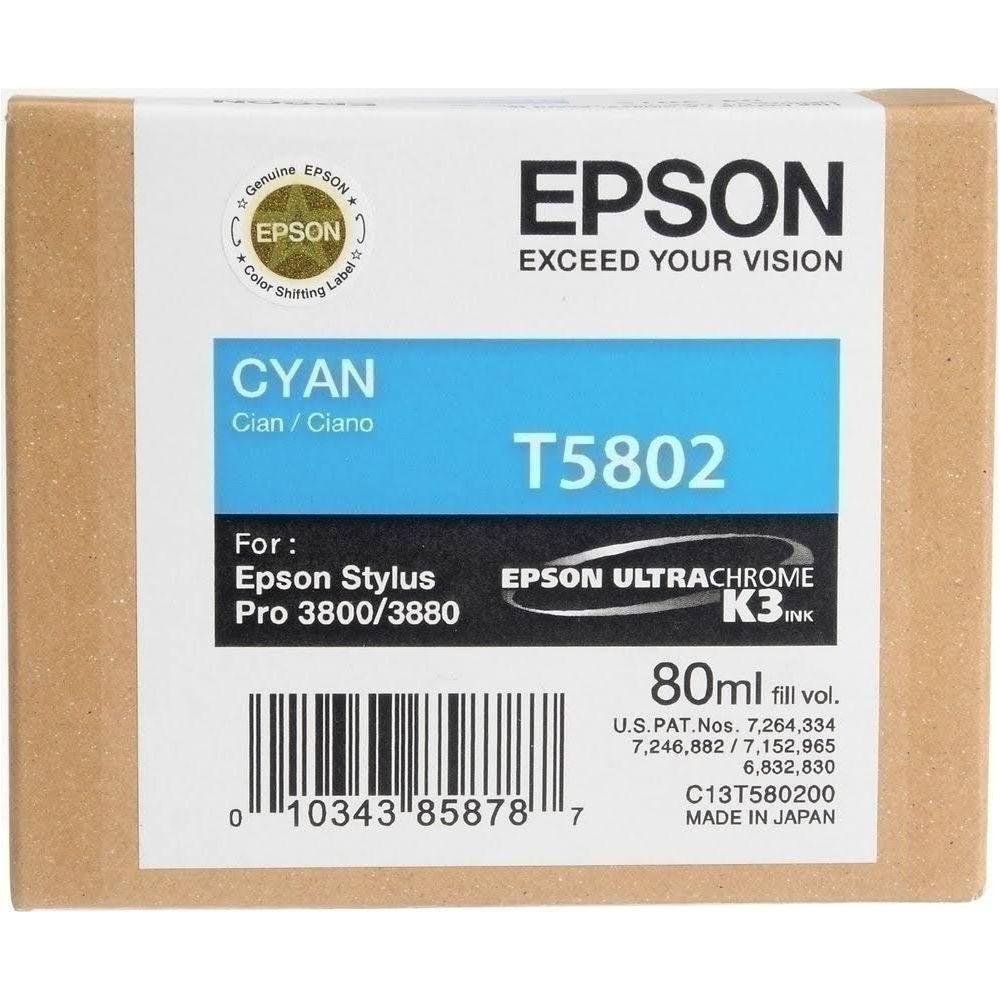 Tusz Epson Cyan T5802. Pudełko z modelem, objętością i kodem kreskowym.