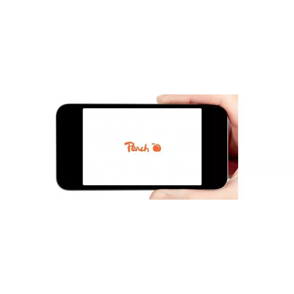 Smartfon wyświetla słowo „Peach” i ikonę brzoskwini na białym ekranie.