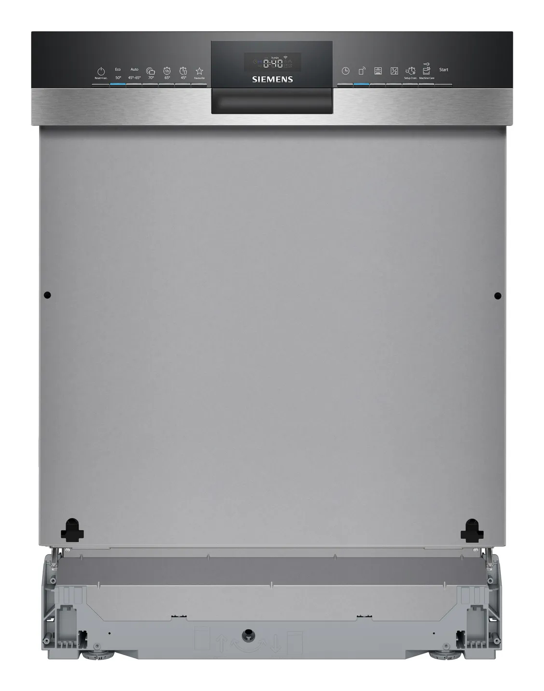 Un lave-vaisselle Siemens argenté avec écran numérique et boutons de commande.