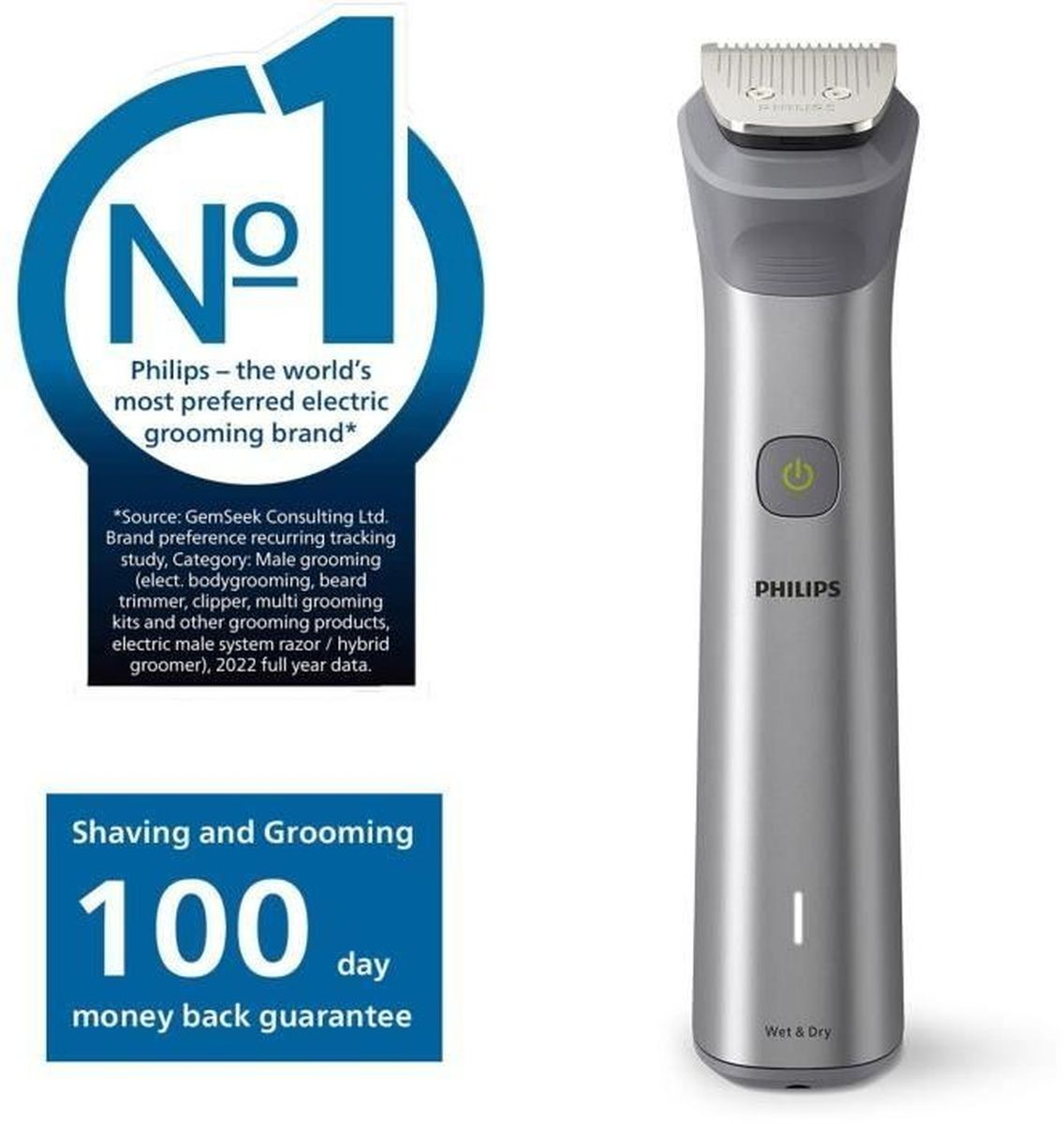 Recortadora Philips plateada con botón de encendido verde y garantía de 100 días.