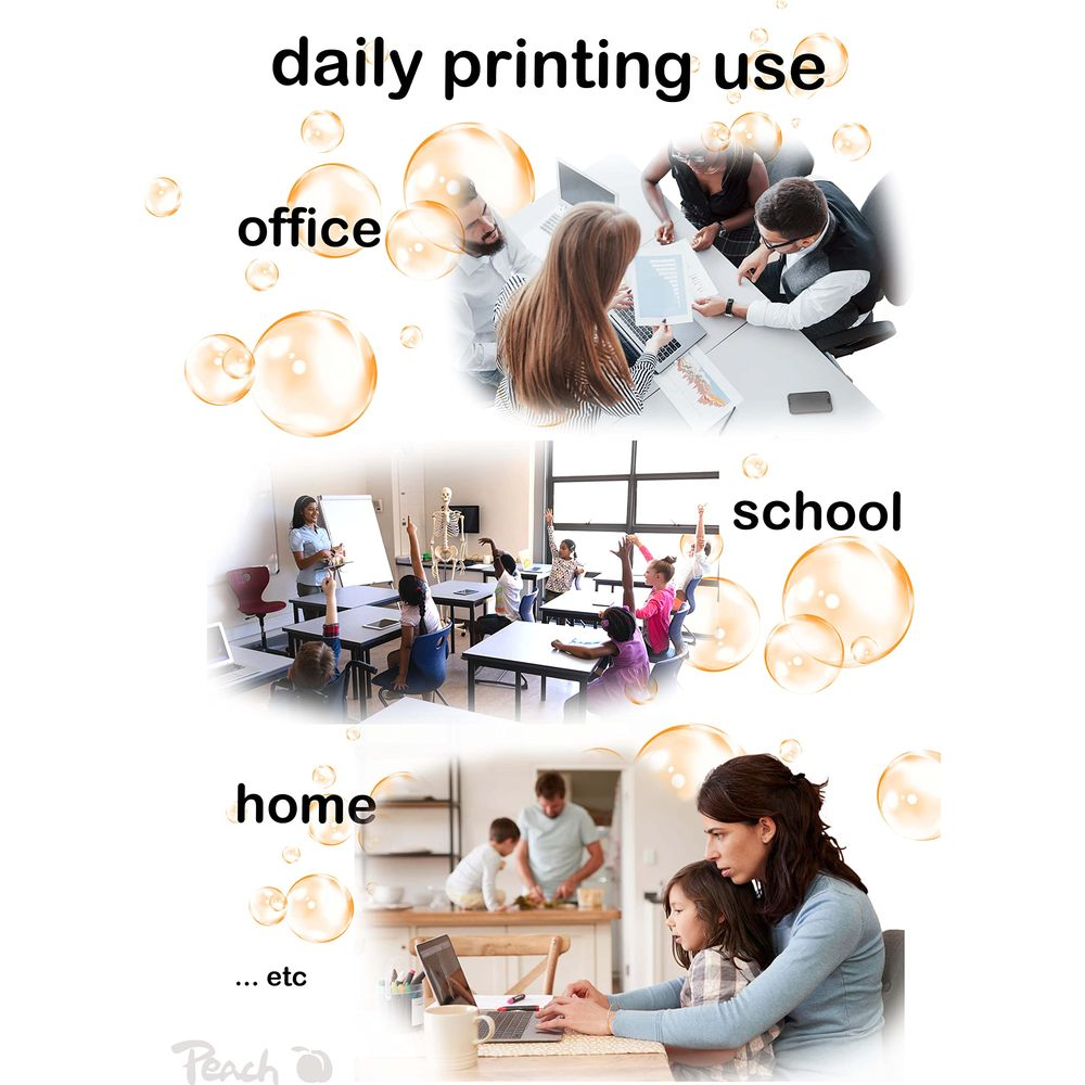 Obrazy pokazują biuro, szkołę i dom, demonstrując codzienne użytkowanie drukarki.