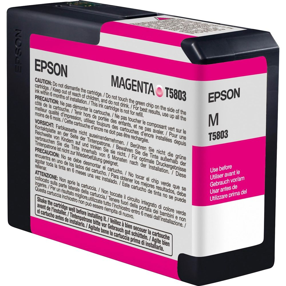 Tusz Epson Magenta T5803 z ostrzeżeniami.
