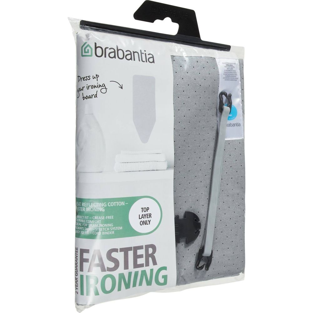 Housse de planche à repasser Brabantia avec cintre, grise à pois, pour un repassage plus rapide.