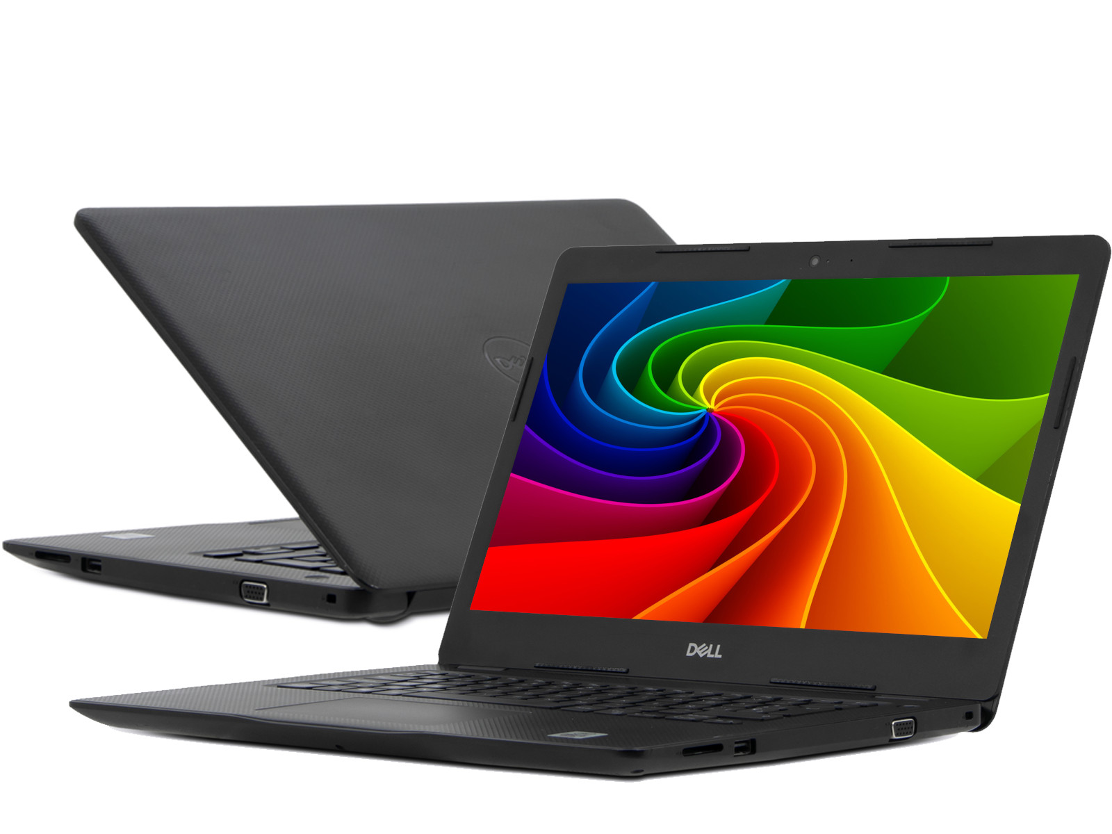 Ein schwarzer Dell Laptop mit einem bunten Wirbel-Hintergrundbild.