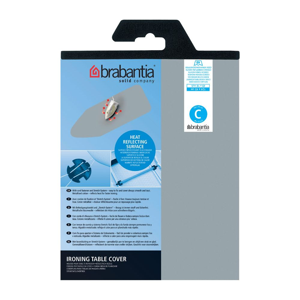 Emballage de housse de table à repasser Brabantia avec caractéristiques et texte multilingue.