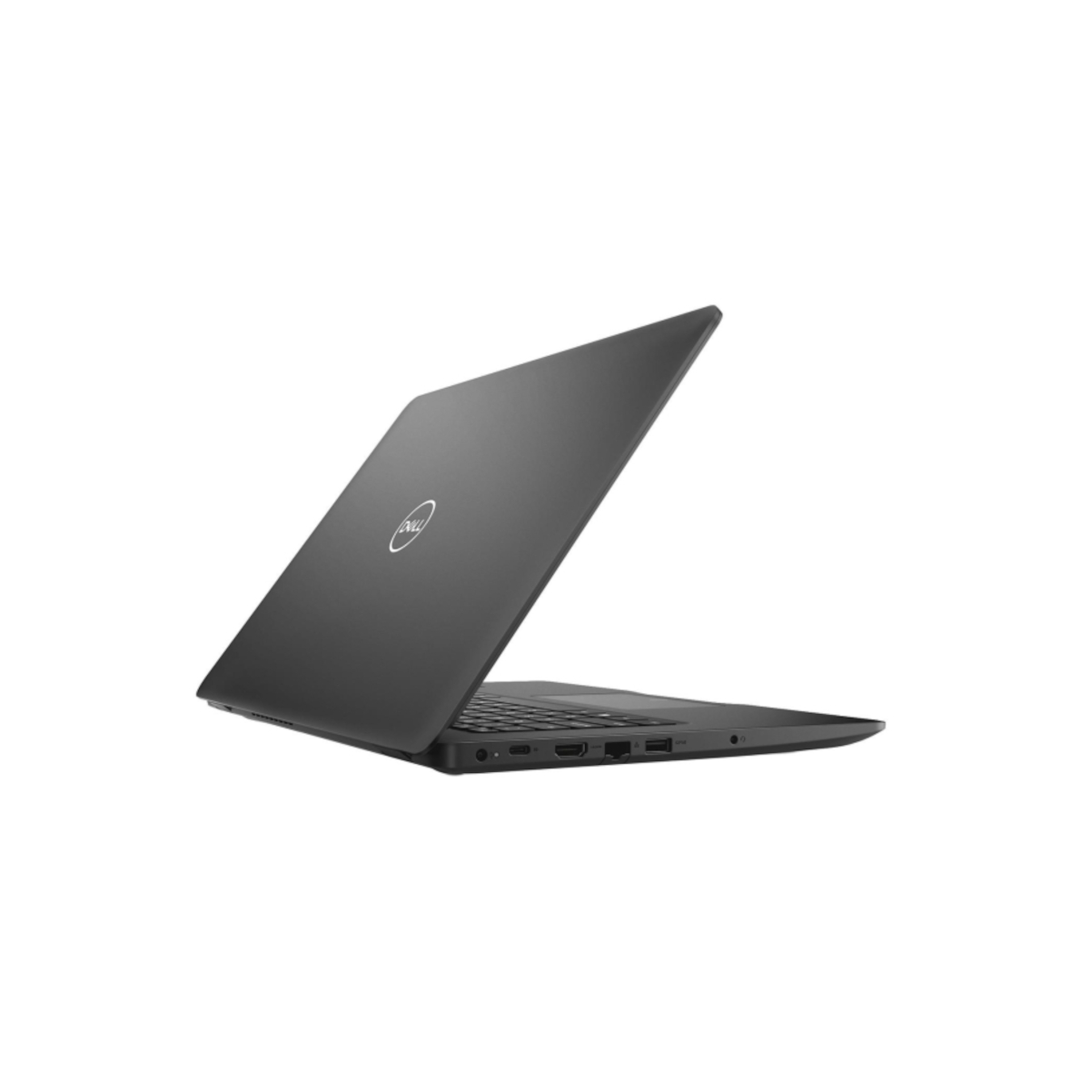 Ein geschlossener, dunkler Dell Laptop mit dem Logo auf dem Deckel.